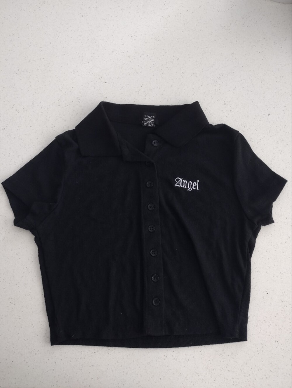 rue21 Cropped Ribbed Button-Up Angel Embroidered Polo Top Women's size S